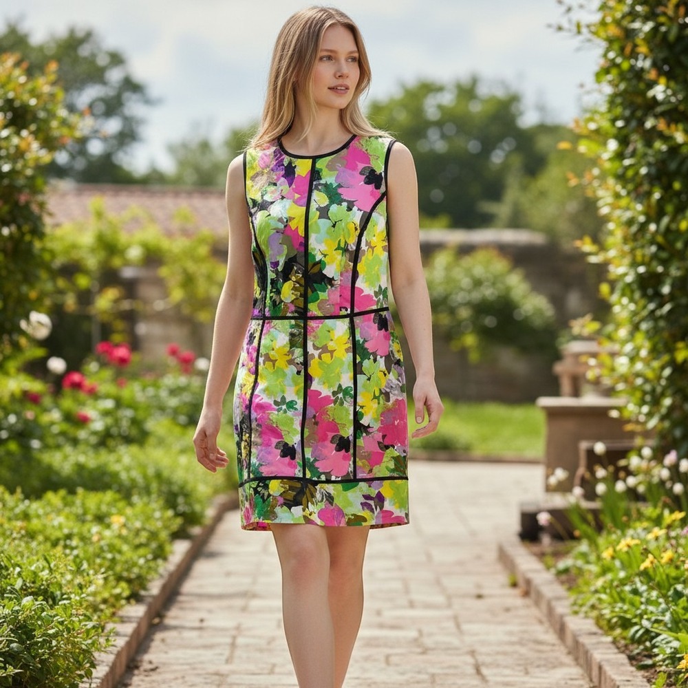 Calvin Klein Dress Womens 14W Pink Green Floral Sheath Summer Art Casual Cotton
